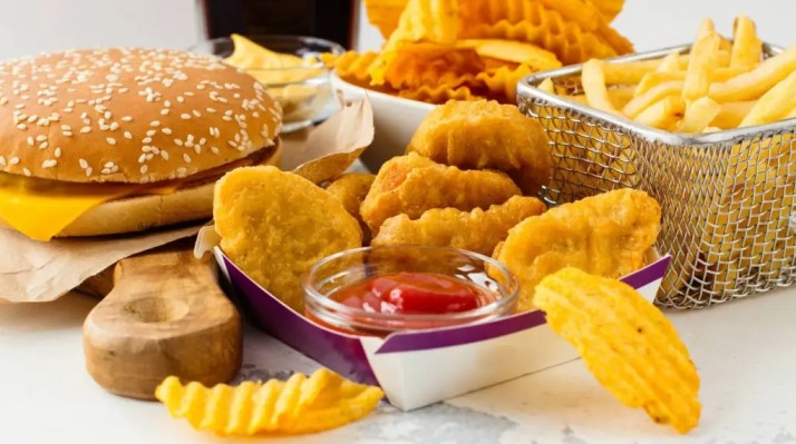 Hamburger, french fries, and chicken nuggets